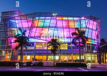 Miami Beach Florida,5th Fifth Street,Collins Avenue,parking garage,commercial real estate,multi use building,metal grid,architecture lit up,illuminate Stock Photo