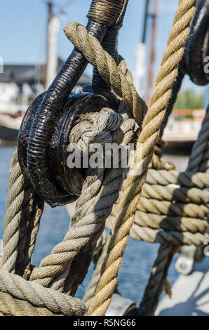 Boom and mast on deck of vintage WWII Liberty Ship in port Stock Photo ...