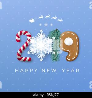Happy New Year 2019 greeting card. Creative festive lettering. Candy and paper snowflake pine and gingerbread cookie. Vector illustration isolated on  Stock Vector