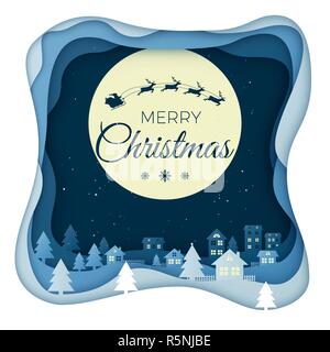 Flying Santa on night sky and Moon in city town scenery in the winter with homes and snowy hills. Winter holiday design paper art and crafts. Christma Stock Vector