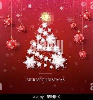Christmas Tree Greeting Card. New Year Tree Silhouette from Paper Snowflakes and Red Christmas Balls on Background. Abstract Holiday Illustration. Vec Stock Vector