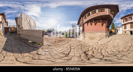 360 degree panoramic view of PLOVDIV, BULGARIA - MAY 14, 2017 - 380 by 180 degrees spherical panorama of the House-museum of Atanas Krastev in the old town of Plovdiv, Bulgaria. T