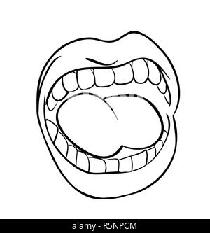shouting lips with teeth and tongue cartoon outline vector symbol icon design. Beautiful illustration isolated on white background Stock Photo