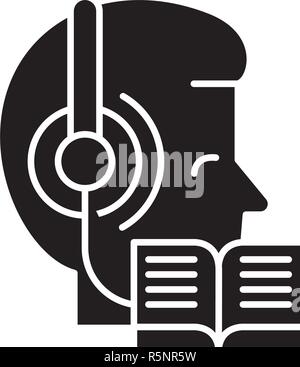 Listening to music and reading black icon, vector sign on isolated background. Listening to music and reading concept symbol, illustration  Stock Vector