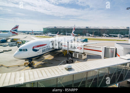 September 24, 2017 London/UK - British Airways aircraft docked at Terminal 5, Heathrow Airport Stock Photo