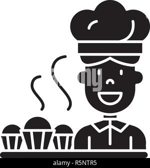 Cook preparing desserts black icon, vector sign on isolated background. Cook preparing desserts concept symbol, illustration  Stock Vector