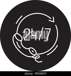 24 hours support black icon, vector sign on isolated background. 24 hours support concept symbol, illustration  Stock Vector