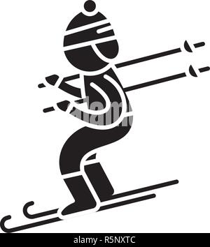 Skiing black icon, vector sign on isolated background. Skiing concept symbol, illustration  Stock Vector