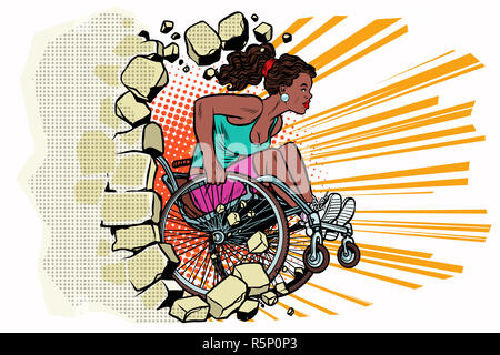 Black woman athlete in a wheelchair punches the wall Stock Photo
