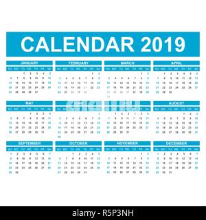 Calendar 2019 year in simple style. Calendar planner design template. Agenda monthly template. Business vector illustration. Stock Vector