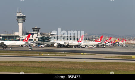 ISTANBUL, TURKEY - AUGUST 05, 2018: Aircrafts in aprone of Istanbul Ataturk Airport. Stock Photo