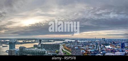 Rotterdam, The Netherlands, November 12, 2018: panoramic view in western direction of Lloydkwartier and Delfshaven neighbourhoods and the river and in Stock Photo