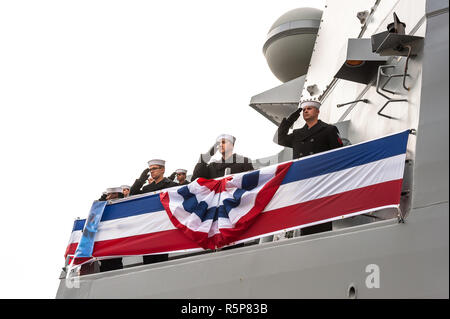 Boston, Massachusetts, USA. 1st December, 2018. Black Falcon Terminal, Boston, Massachusetts. 1st December, 2018. Sailors closing the commissioning ceremony for the USS Hudner (DDG116). Maia Kennedy/Alamy Live News Stock Photo