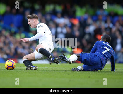 Stamford Bridge, London, UK. 2nd Dec, 2018. EPL Premier League football, Chelsea versus Fulham; Ngolo Kante of Chelsea challenges Tom Cairney of Fulham Credit: Action Plus Sports/Alamy Live News Stock Photo