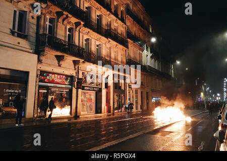 Bordeaux, France - December 1, 2018: fire on street in city during against increase taxes on gasoline and diesel introduced government of France Credit: sportpoint/Alamy Live News Stock Photo