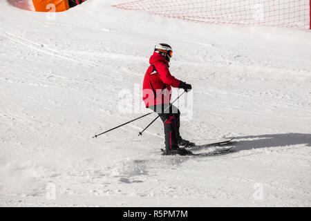 PAMPOROVO, BULGARIA - MARCH 03, 2017 - Skiing with Bulgarian flags at Pamporovo, Bulgaria. People dressed with traditional bulgarian clothes skiing wi Stock Photo