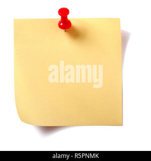 Yellow square sticky post note with pushpin  isolated on white Stock Photo