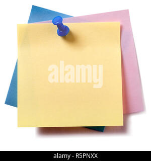 Untidy stack various different colors sticky post notes pinned isolated on white Stock Photo