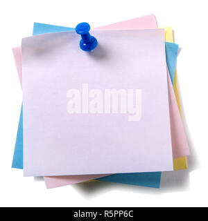 Untidy pile various colors sticky post notes with pushpin isolated on white Stock Photo
