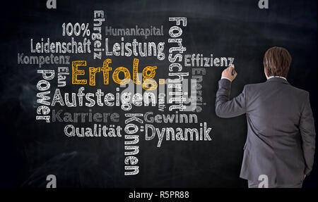 businessman writes success cloud on blackboard concept Stock Photo