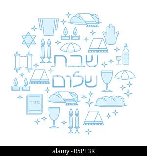 Shabbat Shalom card with Star of David, candles, kiddush cup and challah. Line art style. Hebrew text 'Shabbat Shalom'. Vector illustration. Isolated on white. Stock Vector