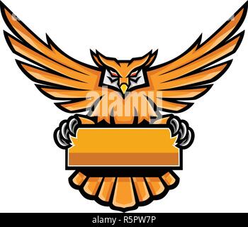 Mascot icon illustration of a yellow Great Horned Owl spreading its wings holding a banner sign or signage viewed from front on isolated background in Stock Vector