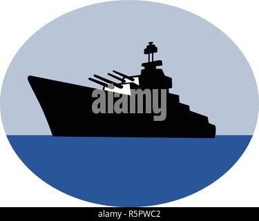 Retro style illustration of a World War Two American destroyer battleship firing its guns or cannons set inside oval shape on isolated background. Stock Vector