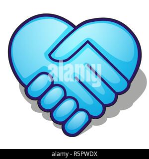 Handshake symbol forming a blue heart isolated on white background. Vector cartoon close-up illustration. Stock Vector