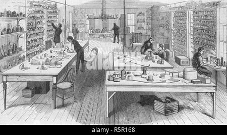 THOMAS EDISON (1847-1931) American inventor and businessman. His laboratory at Menlo Park, New Jersey, about 1880 Stock Photo