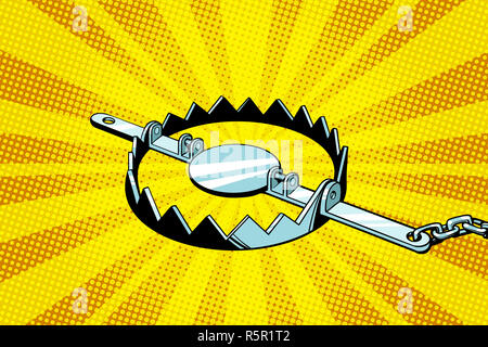 A metal animal trap that is open attached to the ground with a metal chain  on an isolated background Stock Photo - Alamy