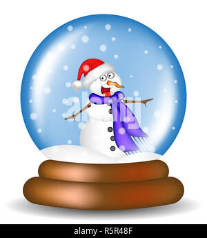 Christmas snowglobe with snowman cartoon design, icon, symbol for card. Winter transparent glass ball with the falling snow.  Vector illustration isolated on white background. Stock Photo