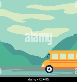 Tourist bus driving on the road vector illustration. Mountain landscape or background. Bus travel road. Bus highway Stock Vector