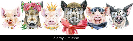 Cute border from watercolor portraits of pigs. Stock Photo