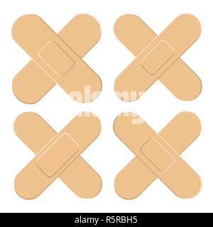 Set of Adhesive, flexible, fabric plaster . Medical bandage in different shape - straigh cross. Vector illustration isolated on white background. Stock Photo
