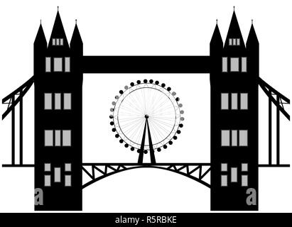 Image of cartoon Tower bridge and london eye  silhouette. Vector illustration isolated on white background. Stock Photo