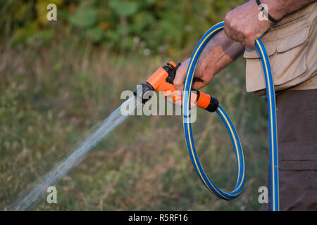 Retired gardener watering the garden with hose. Stock Photo