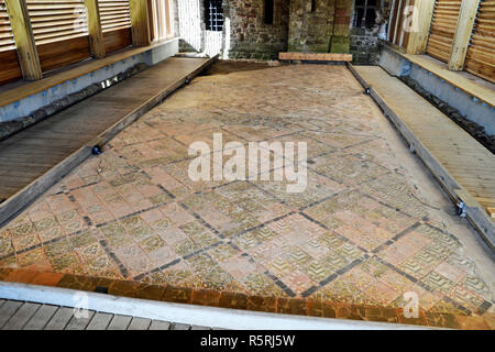 Medieval tiled floor at Cleeve Abbey, Abbey Road, Washford, Watchet, Somerset, UK Stock Photo