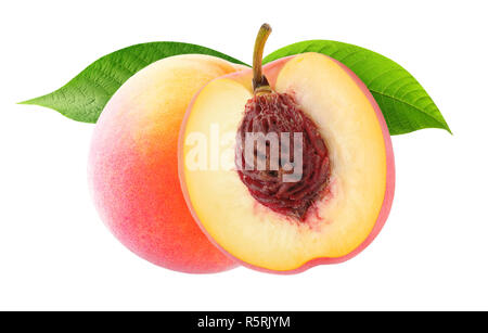 Isolated peaches. One and a half peach fruits with leaves isolated on white background with clipping path Stock Photo