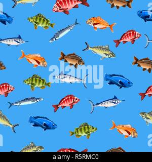 Decorative fishes on colored background seamless pattern Stock Vector