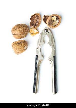 Cracked dried walnuts and nutcracker. Stock Photo