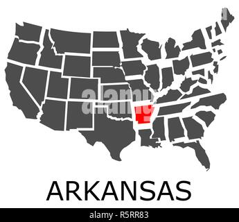 State of Arkansas on map of USA Stock Photo