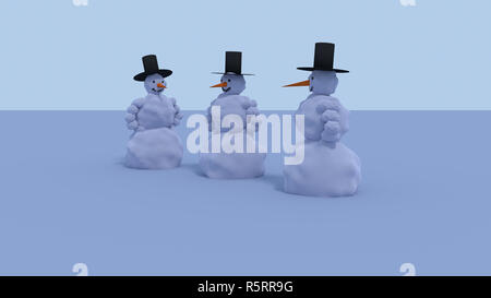 three smiling snowmen with black hats Stock Photo