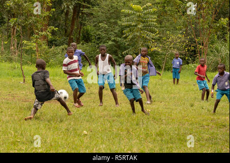 school boys playing football, Bogodi, Uganda, Africa Stock Photo