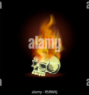 Burning Old Human Skull with Fire Flame Stock Photo