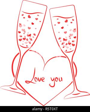 linear champagne glass hearts Stock Vector
