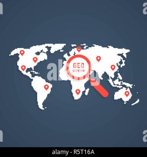 geo location with pixel art world map Stock Vector