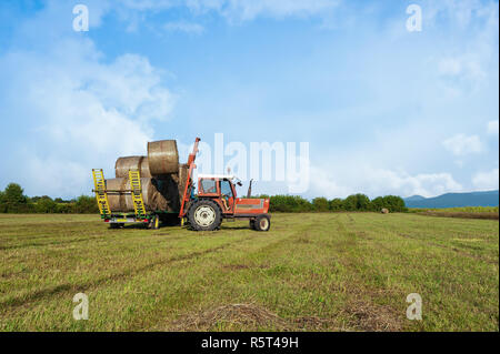 Agricultural scene. Tractor lifting hay bale on barrow. Stock Photo