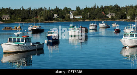 View of fishing boats that are moored in Bass Harbor at dusk, with land and houses in the back ground. Stock Photo