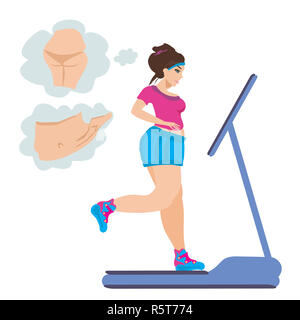 obese girl runs on a treadmill Stock Photo