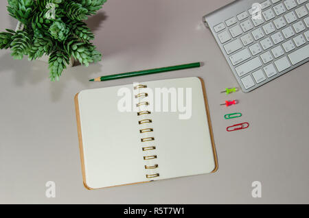 Office desk with computer,notepaper and mouse with plant in a pot on workspace top view. Stock Photo